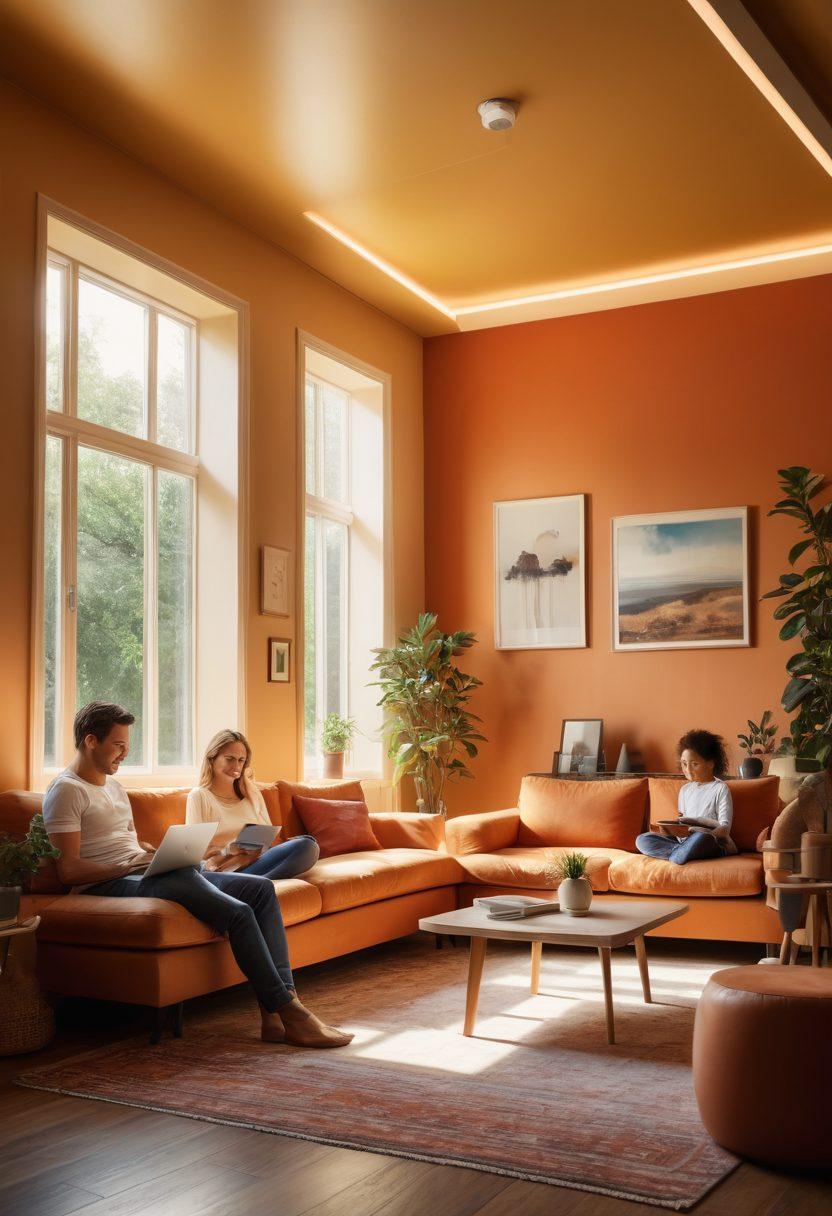 A serene home environment showcasing a family happily using multiple devices connected to a powerful, glowing Wi-Fi router labeled 'DD-WRT'. Sunlight streams through large windows, highlighting gigabytes of data flowing like light beams around the room, symbolizing optimal performance and connectivity. Soft, warm colors create a cozy atmosphere and subtle tech elements are integrated into the design. super-realistic. vibrant colors. soft lighting.